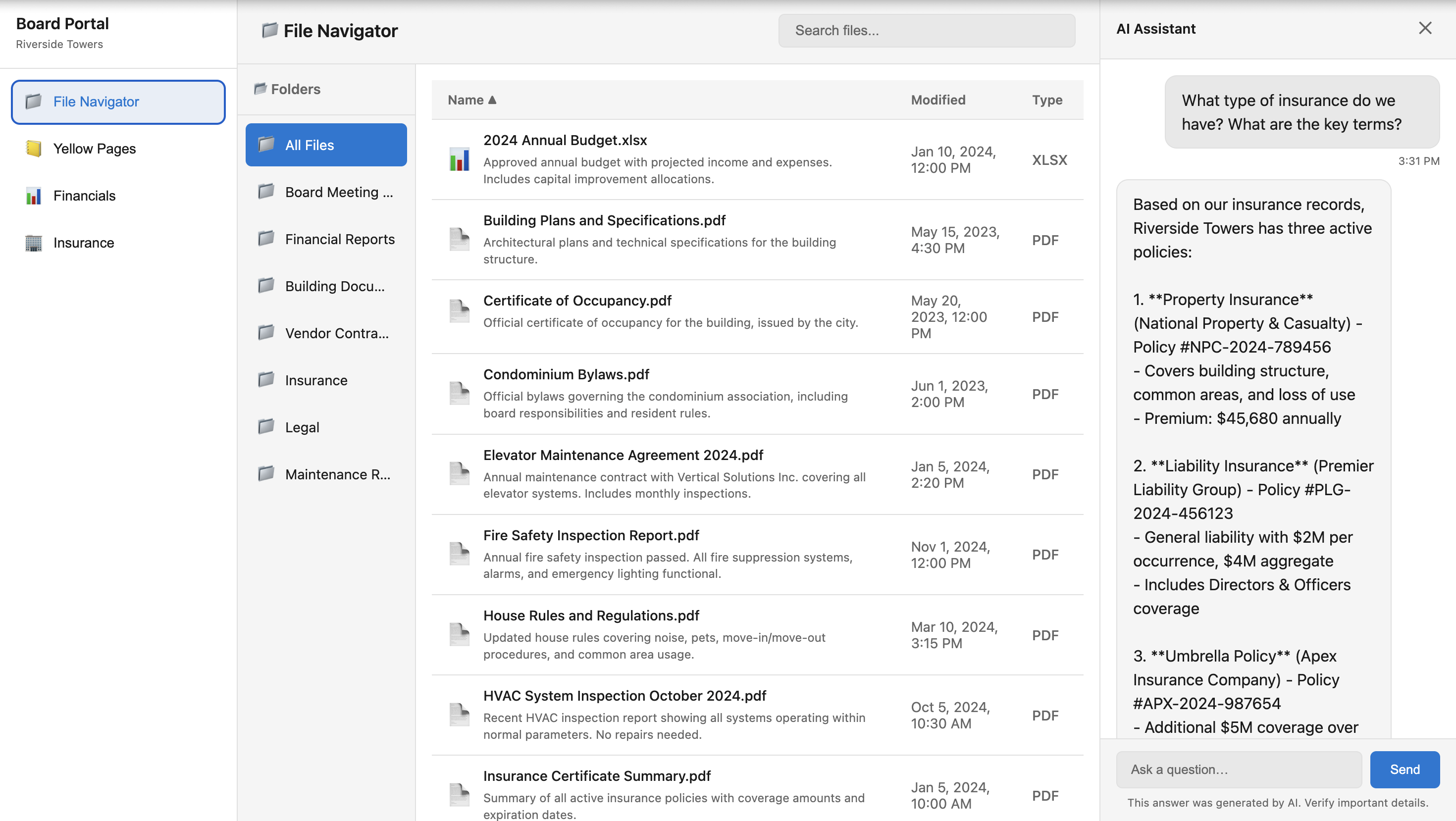 Board portal file navigator with an AI assistant answering an insurance question using linked source documents