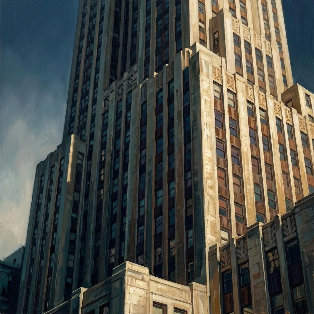 Oil painting of Manhattan buildings rising above a city street.