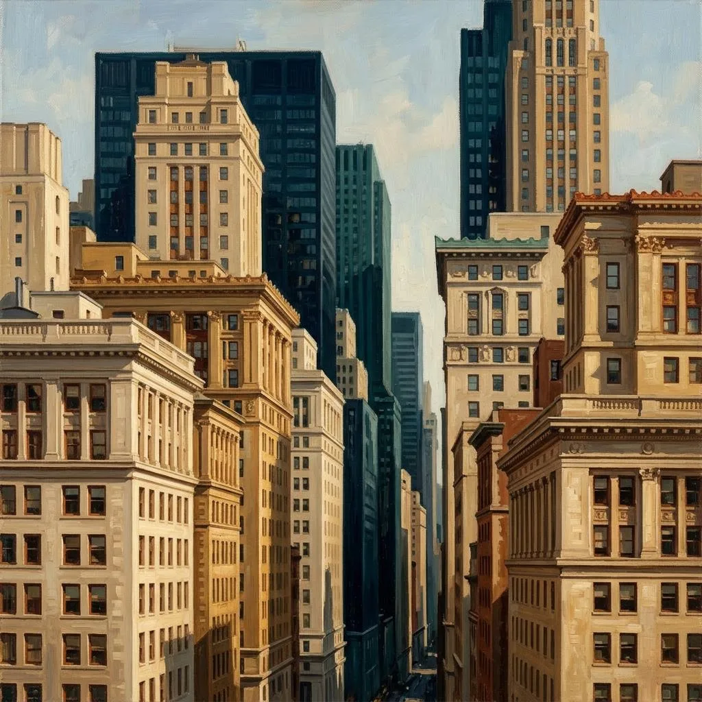 Oil painting of Manhattan architecture framed by neighboring city buildings.