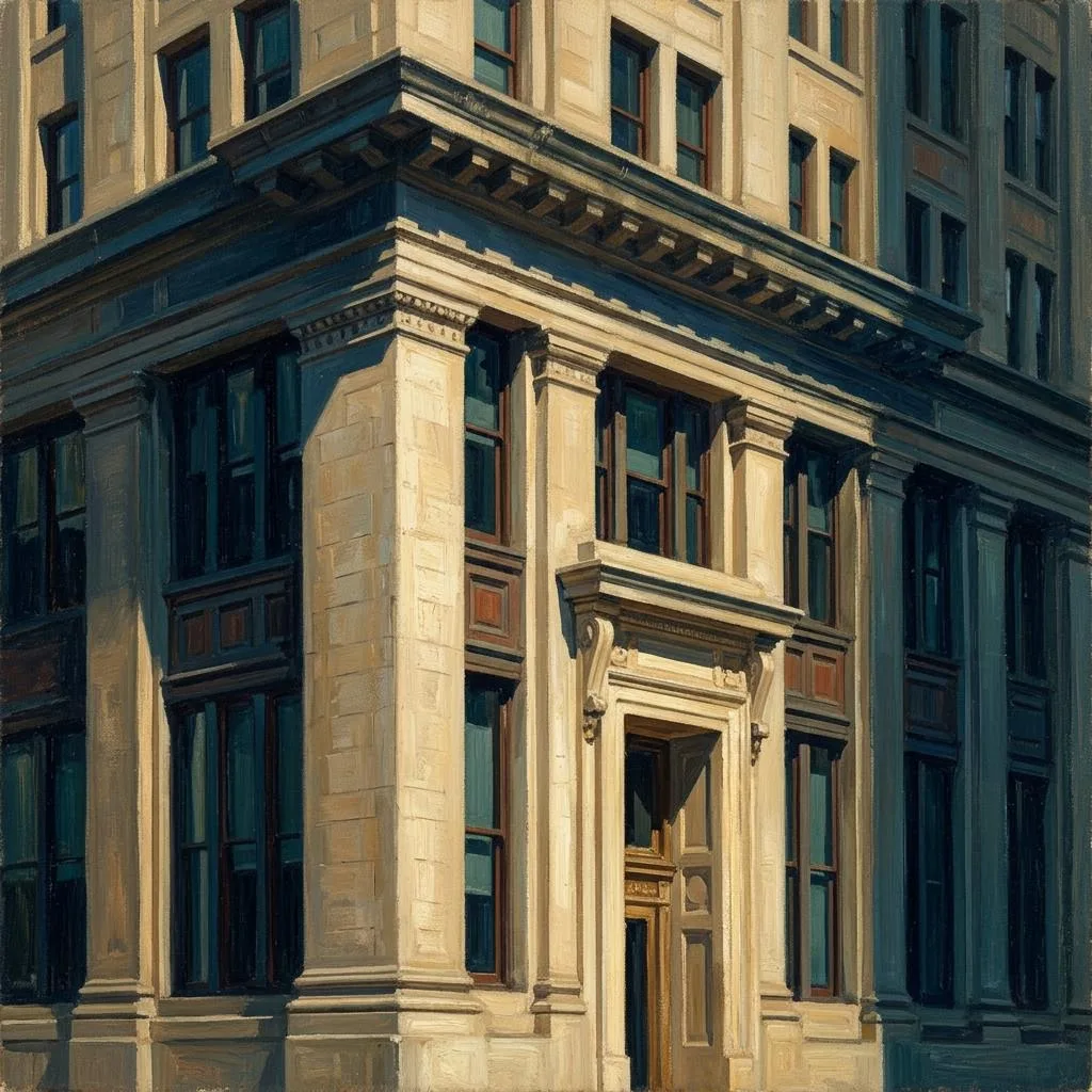 Oil painting of Manhattan architecture, with a single building standing out among the city blocks.