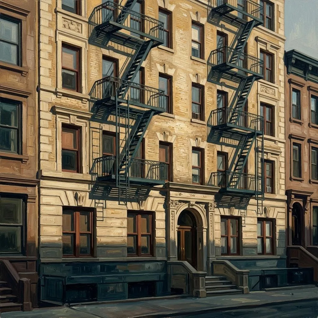 Oil painting of Manhattan apartment buildings viewed from the street.
