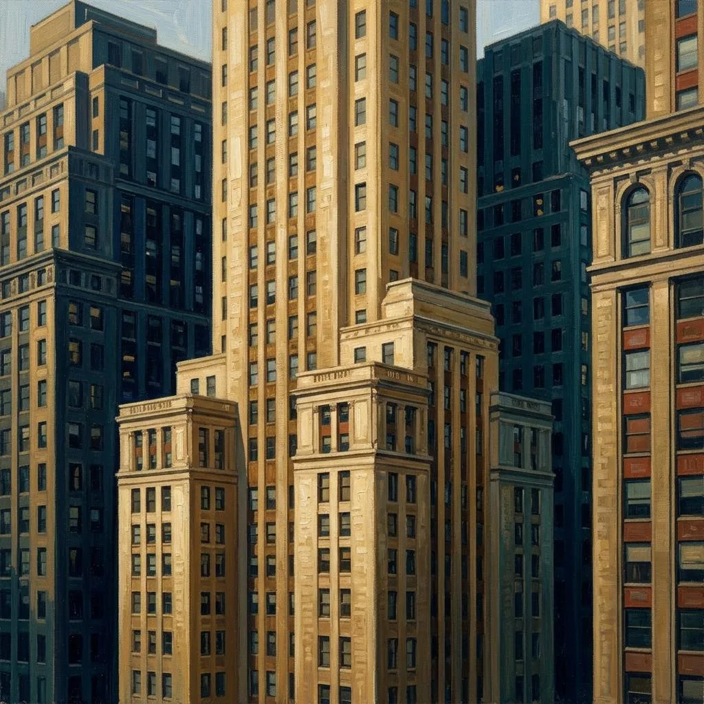 Oil painting of Manhattan buildings along a New York street.