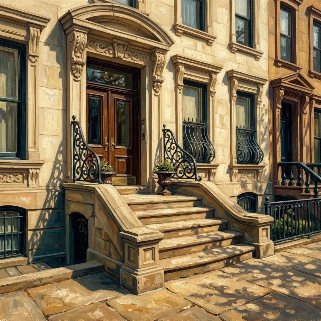 Oil painting of a sunlit New York brownstone entrance with stone steps and wrought-iron railings.