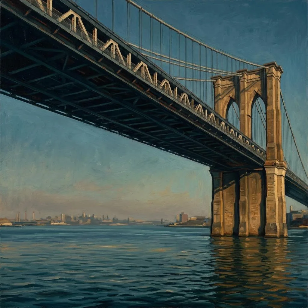 Oil painting of a steel suspension bridge over the East River, with warm stone towers and blue-green water.
