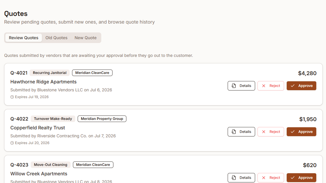Vendor quotes dashboard showing pending quotes awaiting approval with amounts and due dates