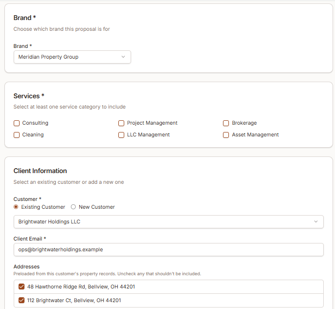 Proposal builder form for selecting brand, services, and client information