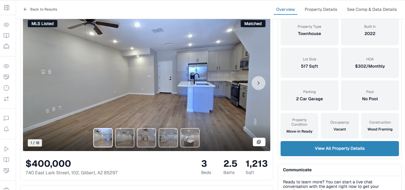 Investment brokerage property detail view showing matched listing with comp and data details