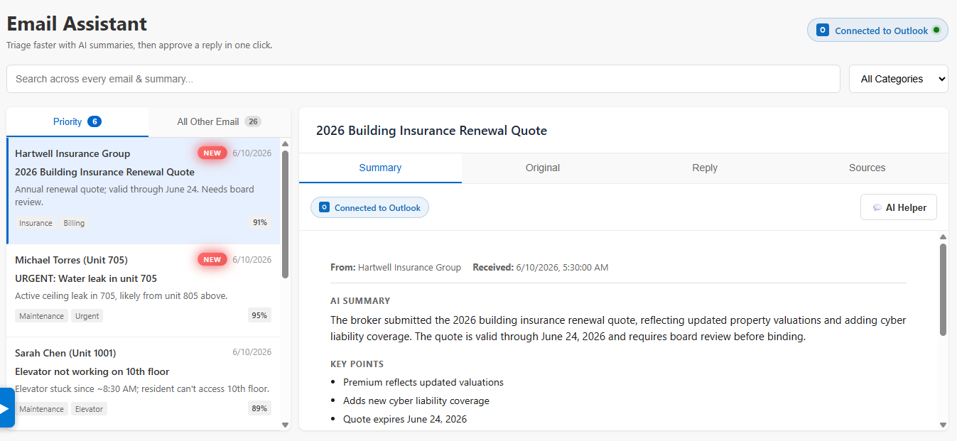 Email assistant triaging priority inbox items with AI summaries, key points, and a one-click reply workflow