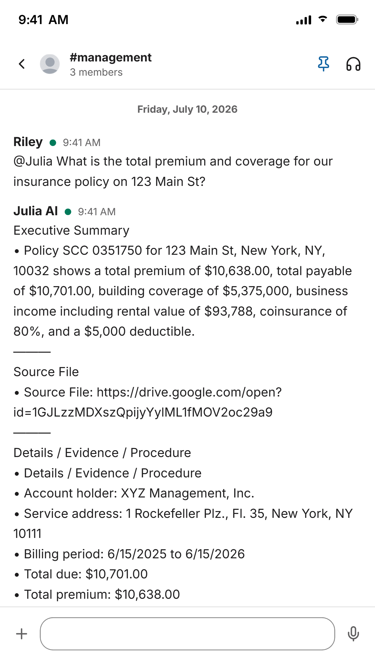 Julia AI answering an executive's question about an insurance policy's premium and coverage in Slack