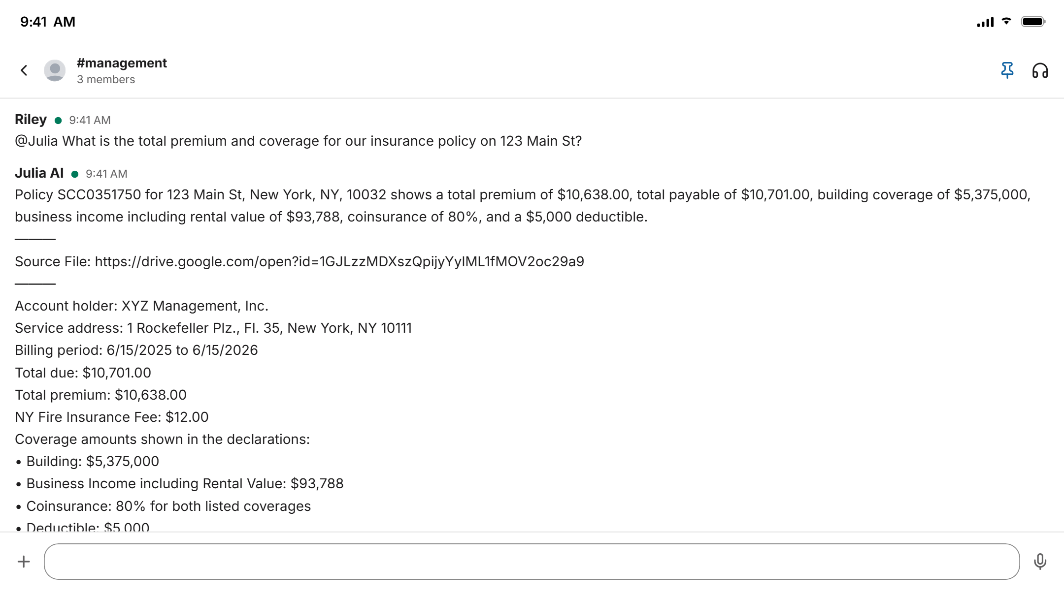 Chat conversation asking Julia AI for insurance policy premium and coverage details, with a sourced answer