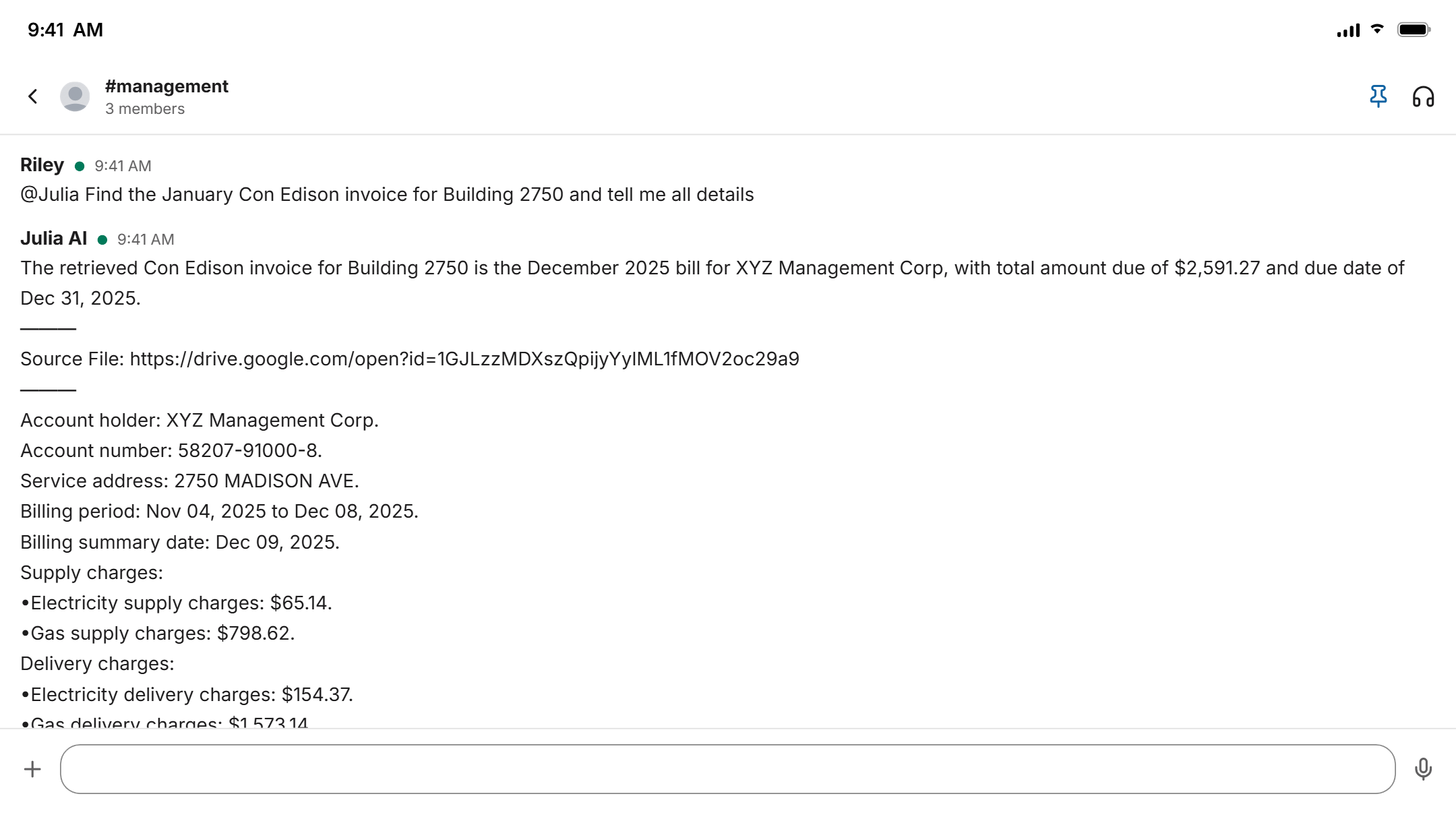 Chat conversation asking Julia AI to find a utility invoice, with a sourced answer